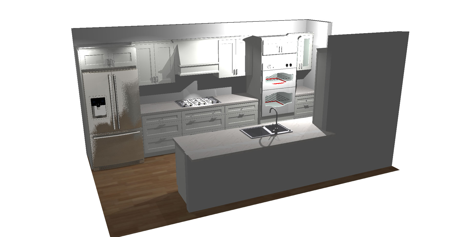 3D render showcasing an innovative kitchen layout and luxurious finishes